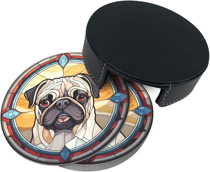 Drink Coaster Set of 6, Pug Dog Mom Lover Gift, Leather Drink Coasters - Image 9
