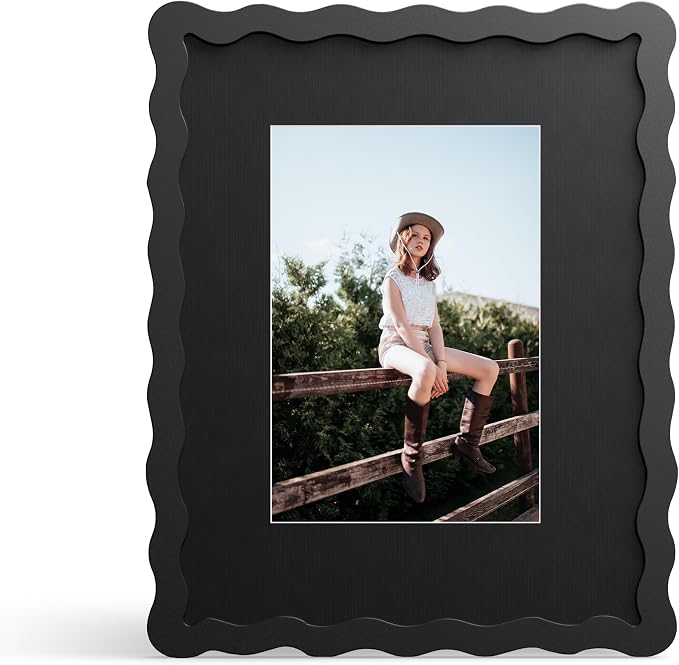 8x10 Picture Frame with Mat for 5x7, Wavy Edge Wooden Real Glass Photo Frame by THKRLOF