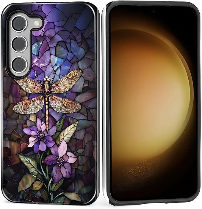for Samsung Galaxy S23 Case, Stained Glass Dragonfly Pattern Glossy 2 in 1 by Teonvpu
