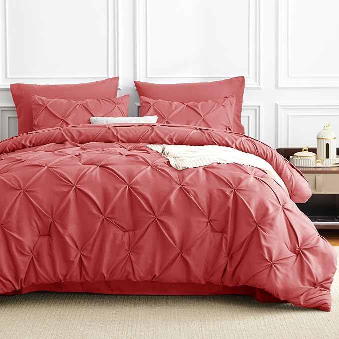 CozyLux Queen Comforter Set Coral, 7 Pieces Pintuck Bed in A Bag, Premium Coral - Image 8