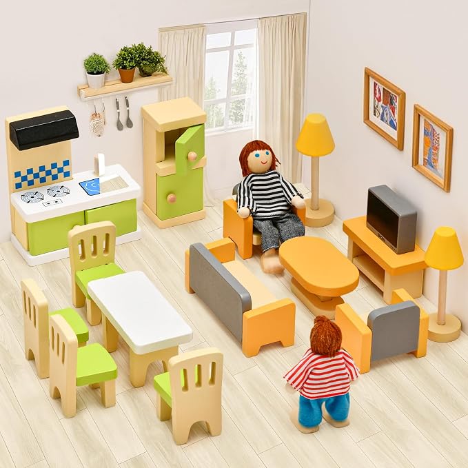 Toyssa Wooden Dollhouse Furniture Set, Pretend Play Toys Birthday Gift - Image 2