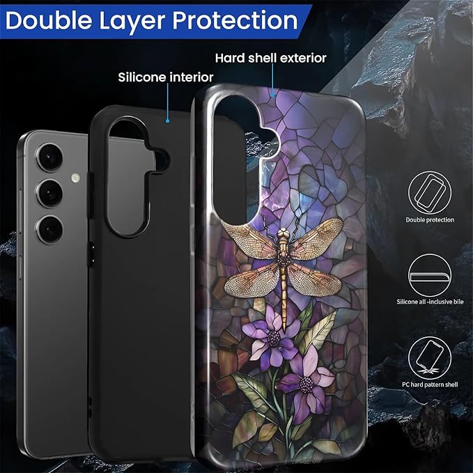 for Samsung Galaxy S24 Case, Stained Glass Dragonfly Pattern Glossy 2 in 1 - Image 3