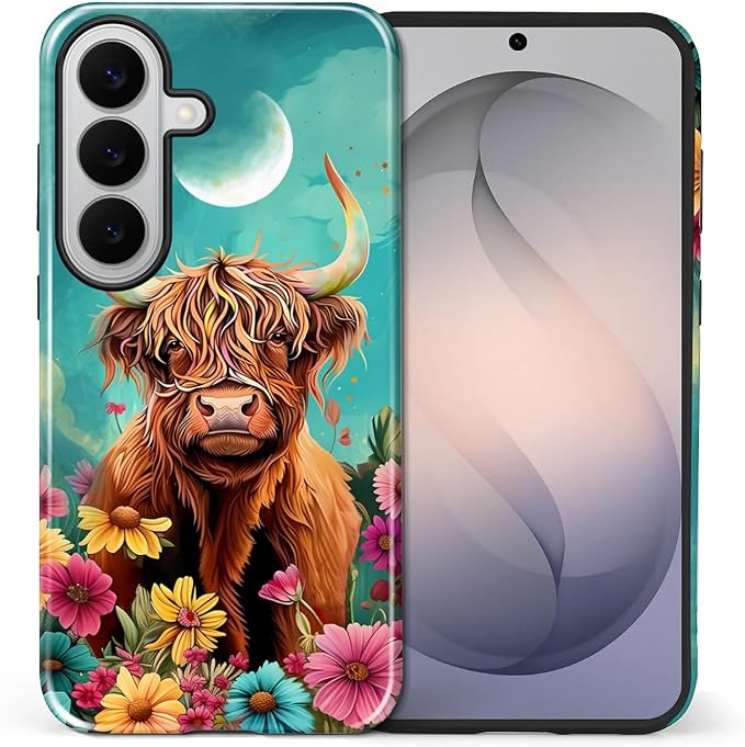 for Samsung Galaxy S26 Case, Highland Cow Flower Pattern Glossy 2 in 1 - Image 2