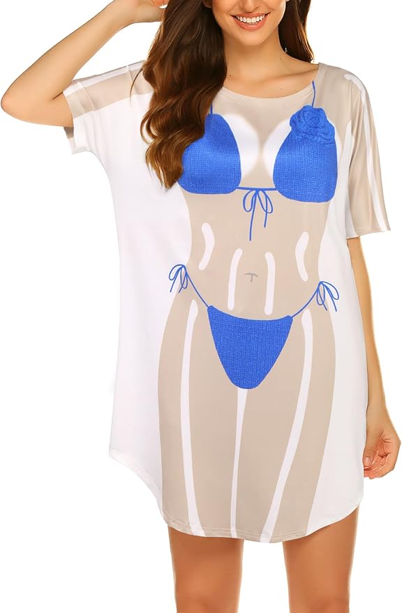 Ekouaer Women's Bikini Shirt Cover Up Short Sleeve Cute Bikini Print Cover-Up by EKOUAER