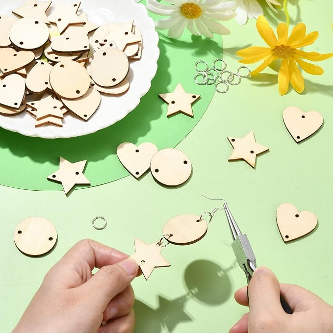 180 pcs 3 Styles Heart Star Theme Unfinished Wood Cutout Charms Flat Round - Image 5