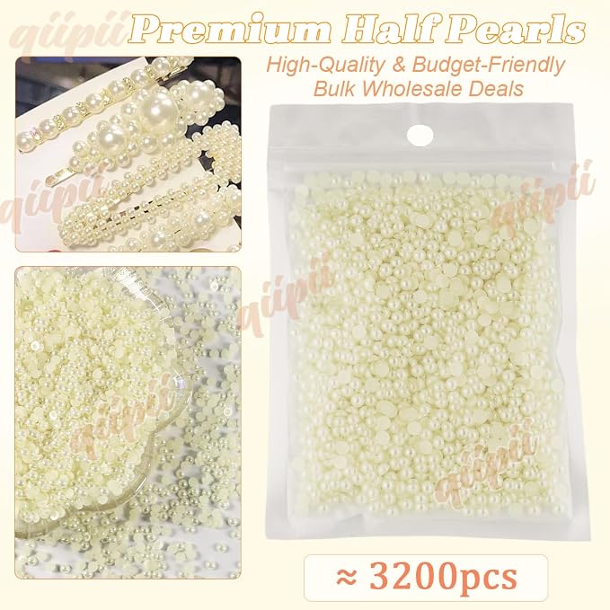 qiipii 3200PCS 4mm Small Beige White Round Half Round Pearls - Image 2
