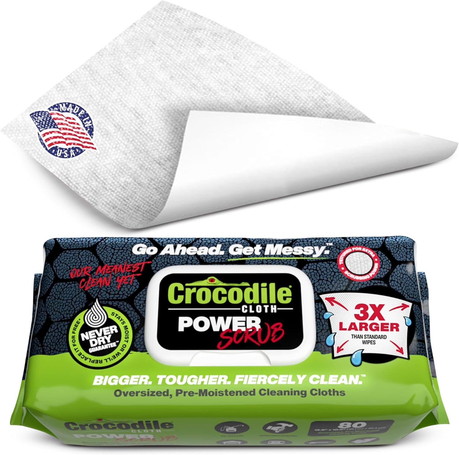 Crocodile Cloth PowerSCRUB Cleaning Wipes – 80 (15" x 10") Dual-Surface Cloths, Heavy-Duty, Moist, Absorbent, & Disposable - Safe on Skin & Multiple Surfaces