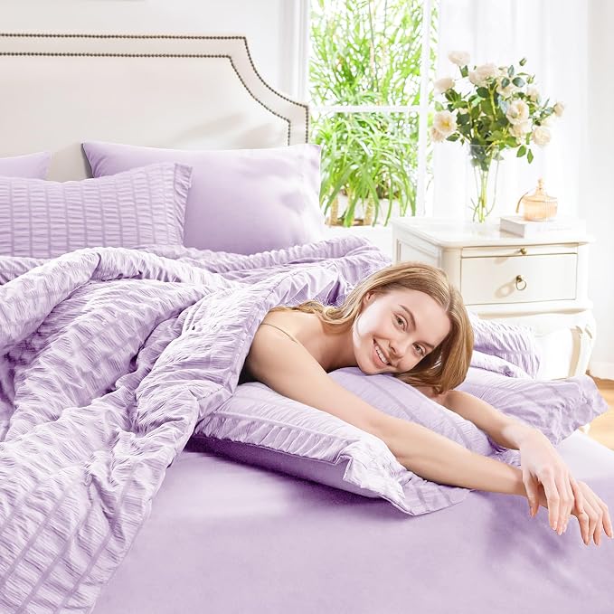 CozyLux King Size Comforter Set Light Purple Seersucker 7 Pieces Bed in a Bag - Image 9
