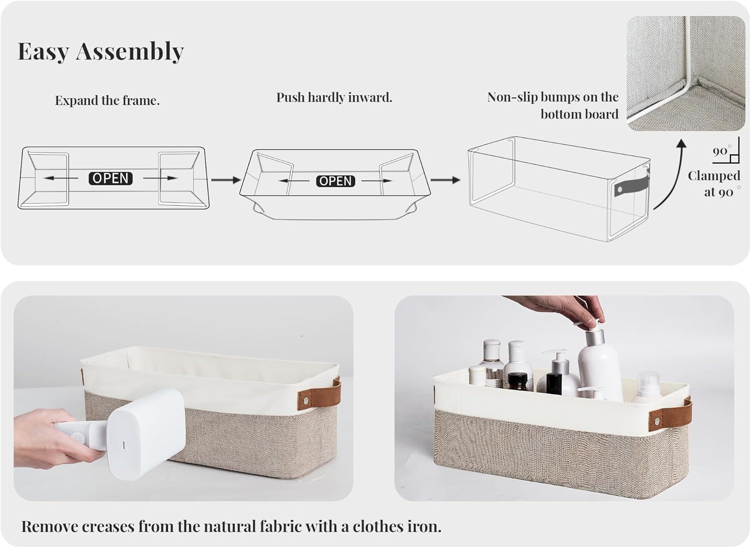 StorageWorks Narrow Storage Bins, Small Baskets for Organizing, Long Storage Basket with Handles, Fabric Storage Bins for Shelf, Brown and White, 2-Pack