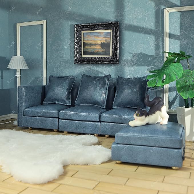 iLAND Dollhouse Furniture Sectional Dollhouse Couch Set Blue Faux Leather Sofa - Image 2
