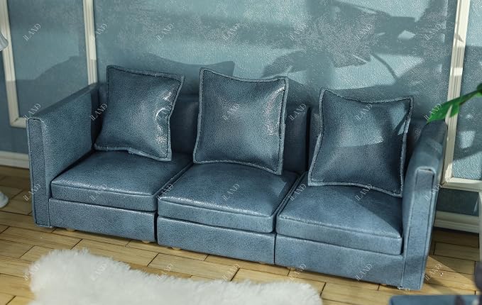 iLAND Dollhouse Furniture Sectional Dollhouse Couch Set Blue Faux Leather Sofa - Image 8