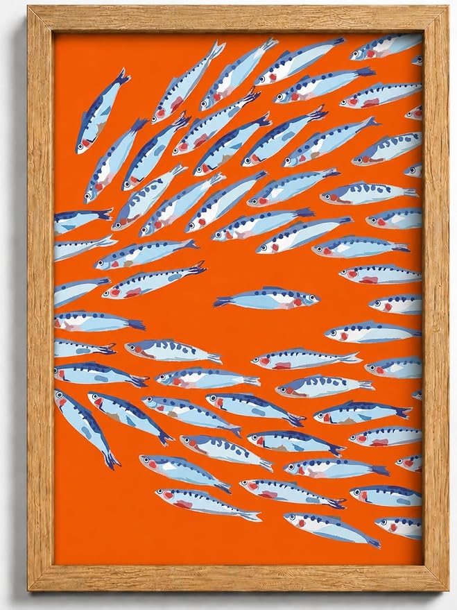 Framed Sardine Fish Canvas Wall Art, Bold Orange Background school Sardines by HJYQLN