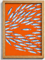 Framed Sardine Fish Canvas Wall Art, Vibrant Orange Blue Coastal School Fish by HJYQLN