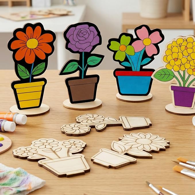 24 PCS Wooden Flower Crafts to Paint, Unfinished Wooden Flowers Spring Slices - Image 3