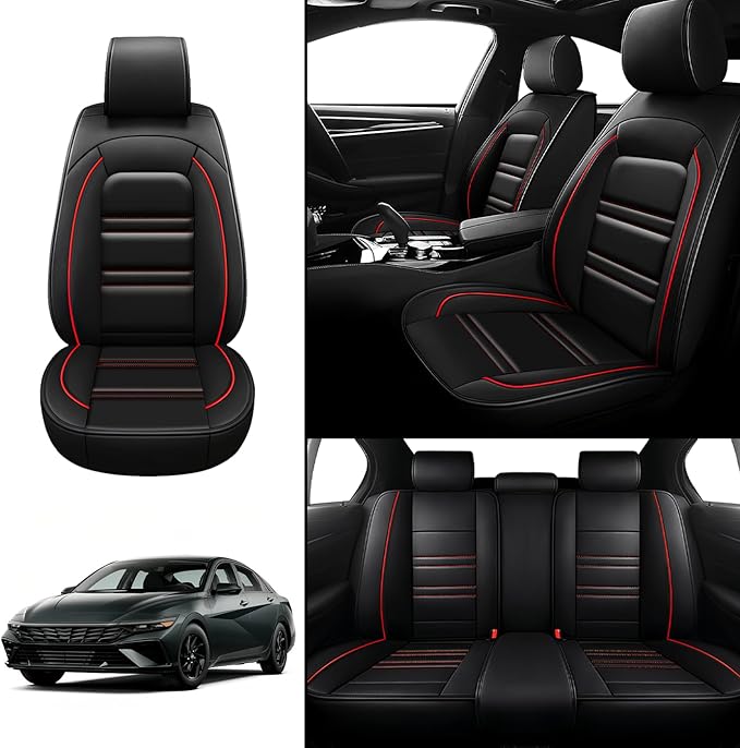 Seat Covers for Hyundai Car Elantra 2001-2025 | 5-Seats Leather Seat Covers, Easy to Install Automotive Seat Covers Full Set (Full Set, Black&Red Line)
