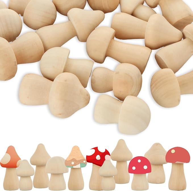 60Pcs Wooden Mushrooms, 6 Sizes of Natural Unfinished Wooden Mushroom, Wood by LDXDRU