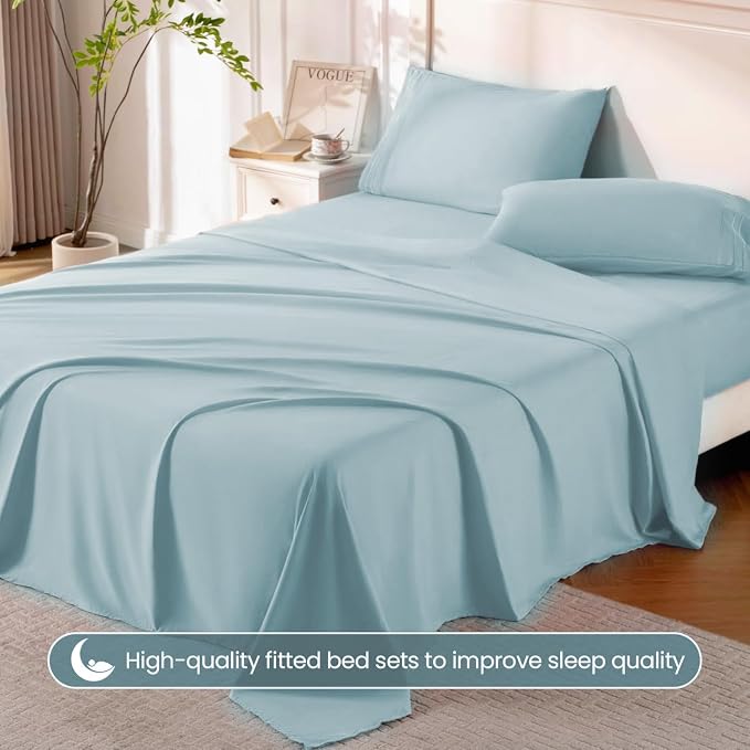 ROSE&RISY Light Blue King Sheet Set, 4 Pieces Soft Bedding King Sheet Set - Image 5