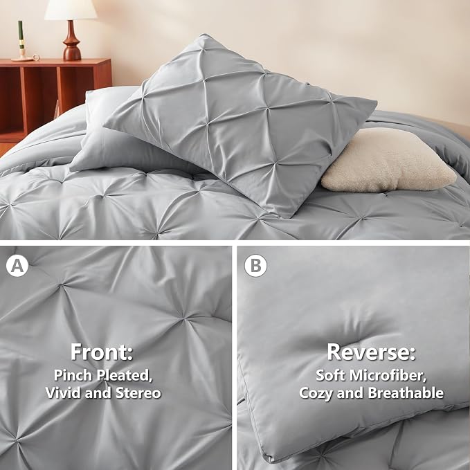 HIMEET Pintuck Bed in a Bag, 7 Pieces King Size Comforter Set Light Grey - Image 3