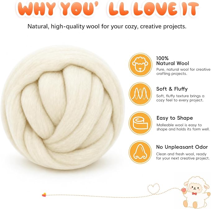 3.53oz Wool Roving: Needle Felting Wool White Roving Wool Felting Supplies Pure - Image 2