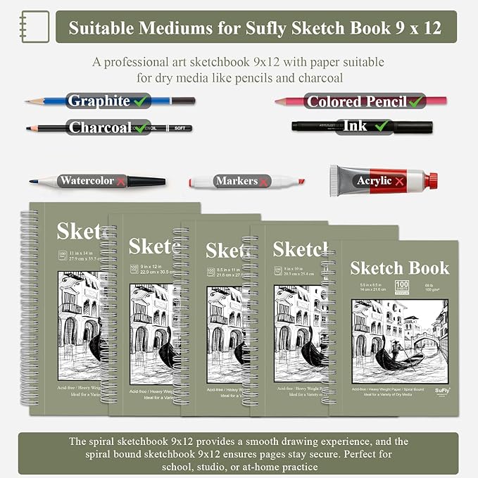 9 x 12 Sketchbook, 68lb/100gsm Sketch Pad 100 Sheets Spiral Bound Acid Free - Image 5