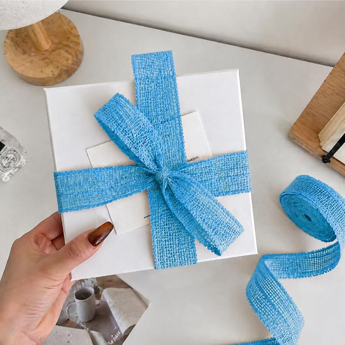 Light Blue Burlap Ribbon 1-1/2 inch X 10 Yard Blue Wired Ribbon | Natural Linen - Image 2