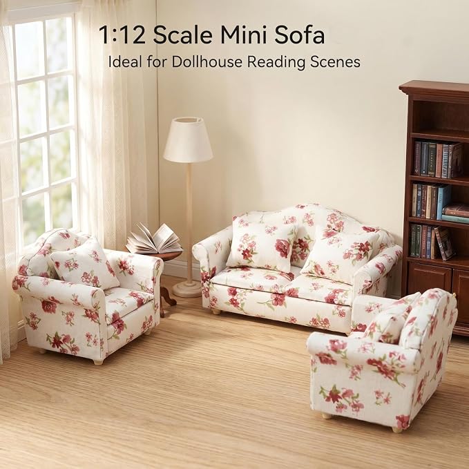 Dollhouse Couch with Pillow 1 12 Scale Miniature Sofa Arm Chair Living Room - Image 7
