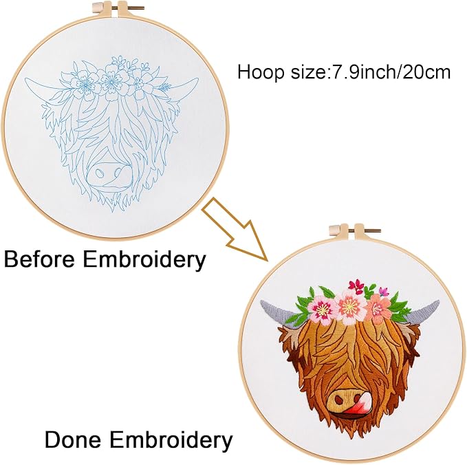 Louise Maelys Highland Cow Stamped Embroidery Kit Floral DIY Craft | Complete - Image 3