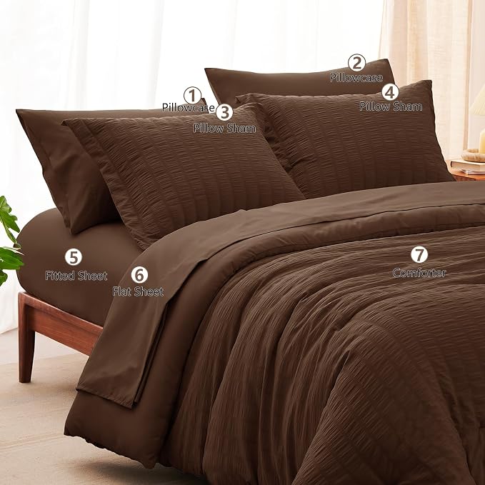 CozyLux Oversized King Comforter Set Brown Seersucker 7 Pieces 120x98 Bed in a - Image 8