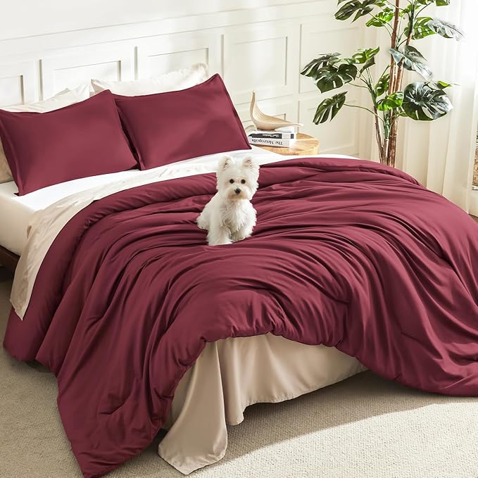 Litanika Burgundy Red Comforter Set King Size, 3 Pieces Lightweight Solid by Litanika