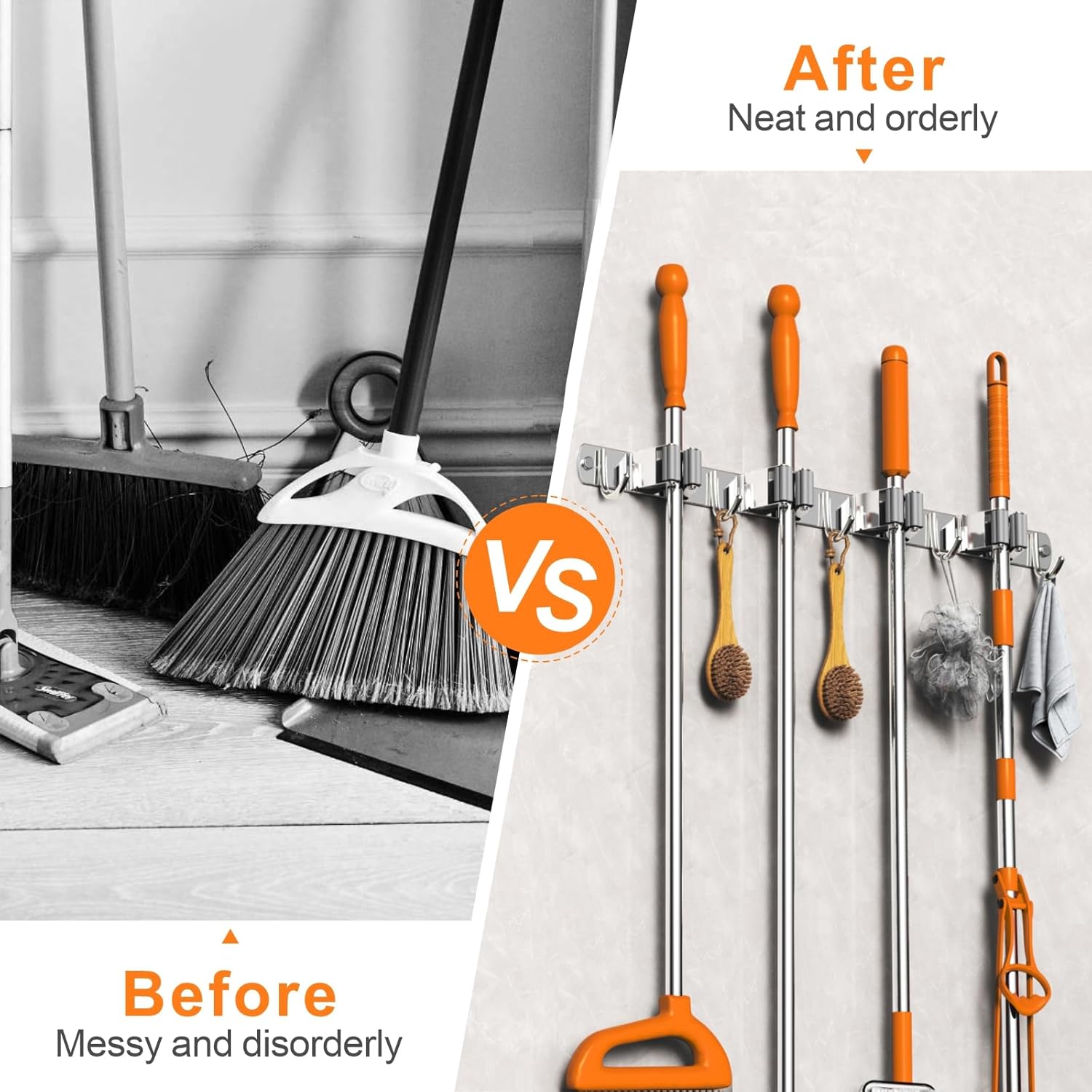 2 Pack Mop and Broom Holder Wall Mount, Non-slip Broom Hanger Wall Mount, Heavy Duty Mop Broom Organizer for Kitchen Garden Garage Laundry Room Wall Decor Organization and Storage Silver 4R5H