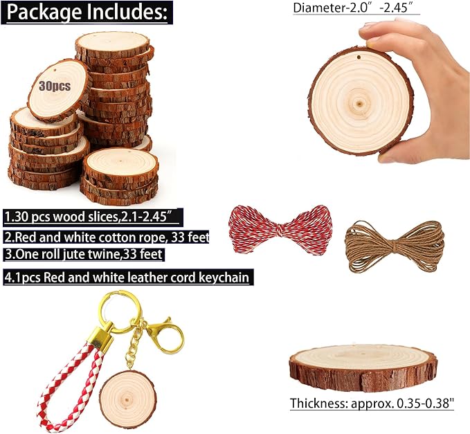 SENMUT Natural Wood Slices 30pcs 2.0"-2.45" Predrilled Wood Circles - Image 3