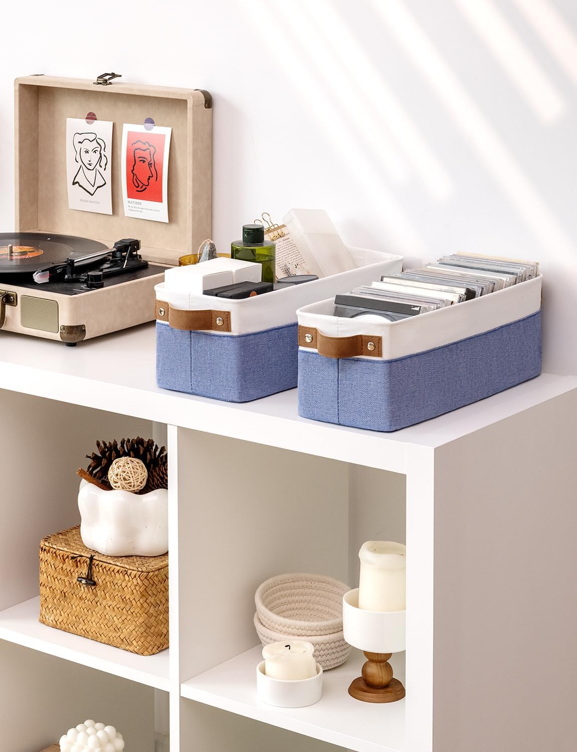 StorageWorks Narrow Storage Bins, Small Basket for Closet and Shelves, Fabric Organizer with Handles, Toilet Paper Storage, Blue and White, 2-Pack