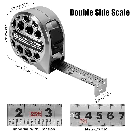 Stainless Steel Tape Measure 25Ft/7.5M Double Side Scale Metric & Imperial | - Image 2