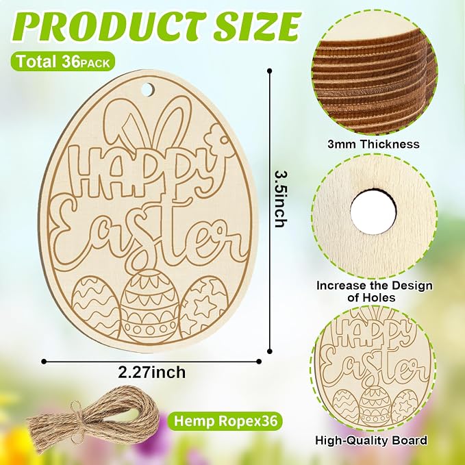 36PCS Wooden Easter Ornaments to Paint, 6 Styles DIY Blank Unfinished Wood Egg - Image 7