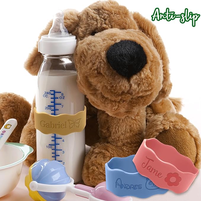 Personalized Baby Bottle Labels for Daycare Custom Water Bottle Name Bands Customized Engraved Silicone Baby Reusable Bottle Straps Labels for Cups School-Turquoise