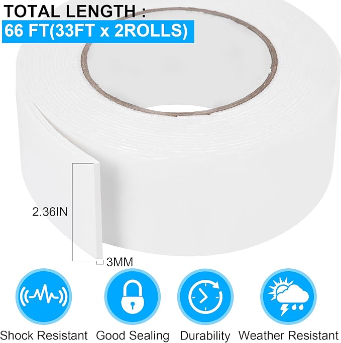 Double Sided Foam Tape 2.36In x 33FT 2 Pack, Mounting Tape Heavy Duty, Strong - Image 2