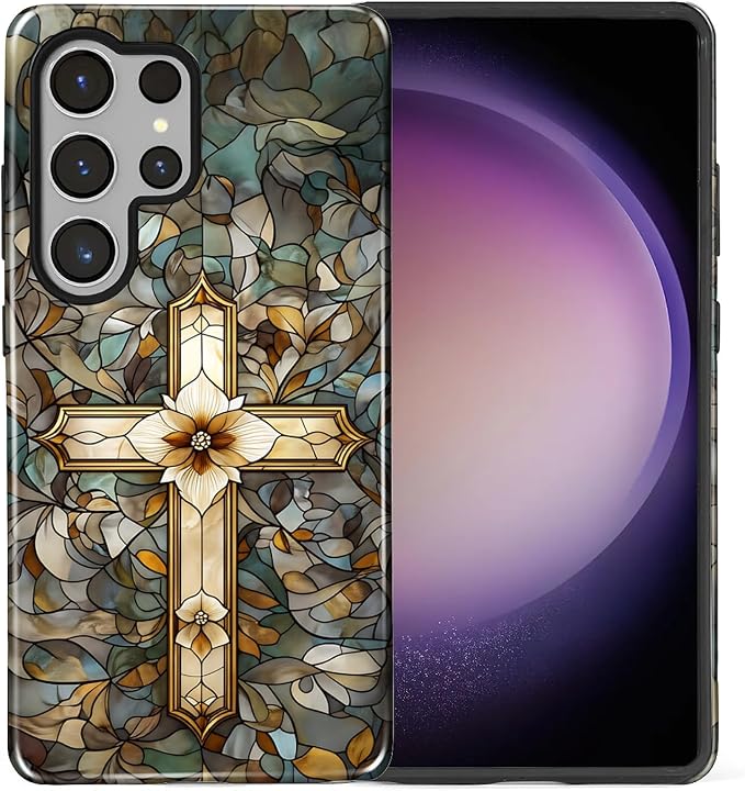 for Samsung Galaxy S25 Ultra Case, Christian Cross Stained Glass Pattern Glossy - Image 2