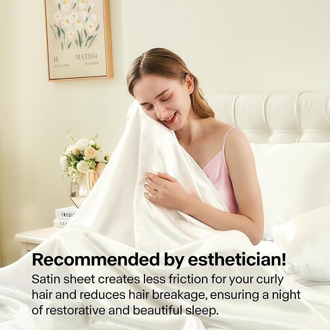 BEDELITE Satin Sheets Twin Size Bed Set, Luxury Soft Ivory White Silky Sheets - Image 4