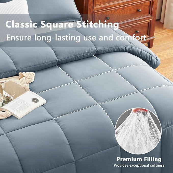 CozyLux Oversized King Comforter Set, 3 Pieces Grayish Blue 120x98 Box Stitched - Image 2