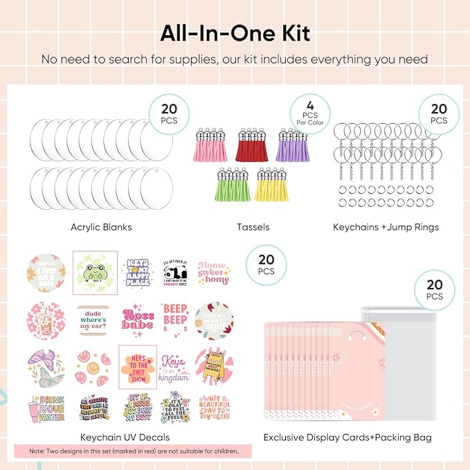 YOPPIX 140 PCS Acrylic Keychain Blank Set, Funny Double-Sided UV DTF Stickers - Image 3