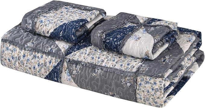 Oversized King Grey Floral Patchwork Quilt Set 132x120 Alaska King Size Bedding - Image 8