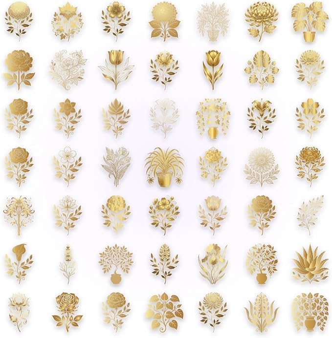 50PCS Gold Foil Floral Stickers, Metallic Botanical Decals, Waterproof PET - Image 4