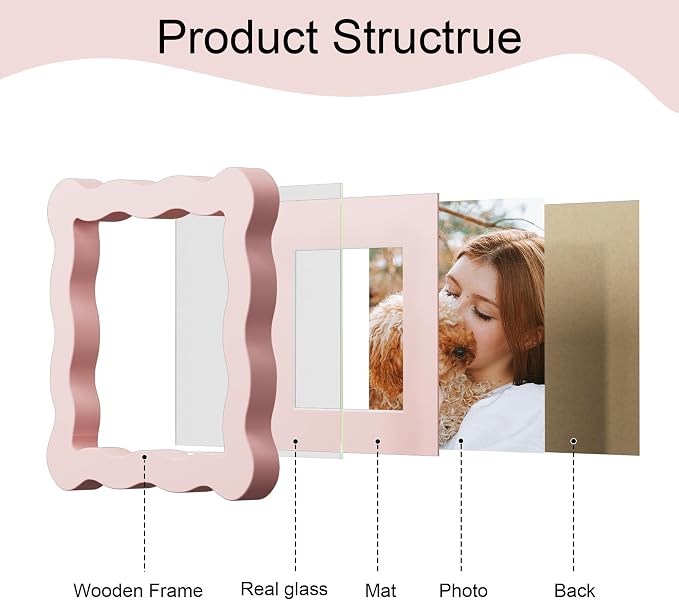 4x4 Picture Frame with Mat for 3x3, Wavy Edge Wooden Real Glass Photo Frame for - Image 5