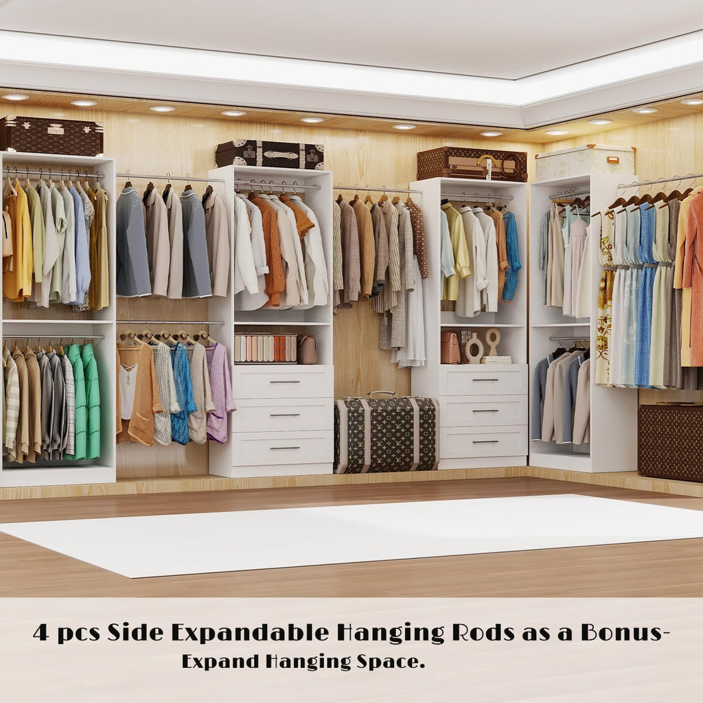 Closet System with 4 Sets, 8FT Closet Organizer Systems with 6 Wooden Drawers & 10 Hanging Rods, Walk in Closet Standalone Corner Closet System Modular Closet System Set White (8FT)