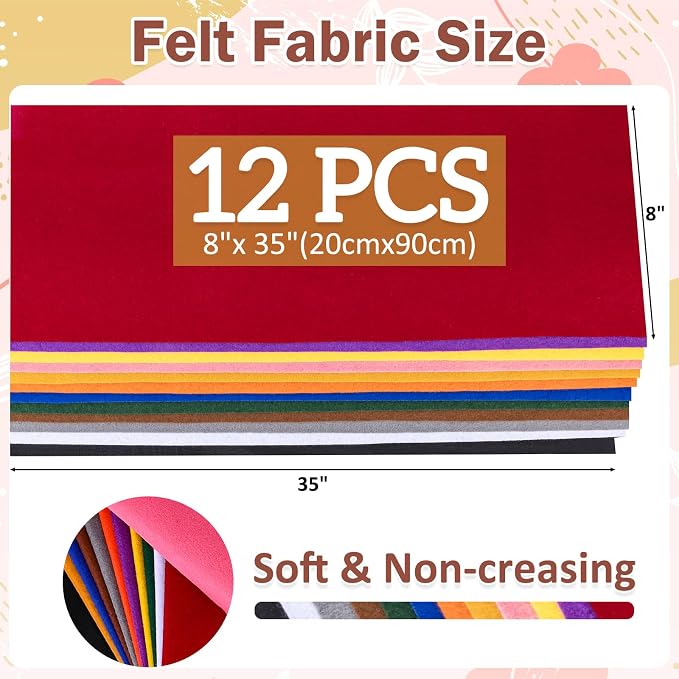 12 Rolls 8"x35" 1.4mm Thick Soft Felt Fabric Sheet 12 Assorted Dark Rainbow - Image 3