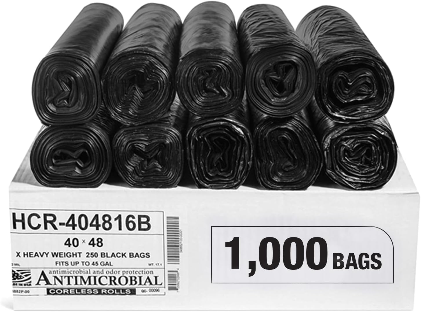 Aluf Plastics High Density Trash Bags, 45 Gallon, 1000 Count, 16 Micron (eq), 40" x 48", Black, for Bathroom, Office, Industrial, Commercial, Janitorial, Municipal, Recycling