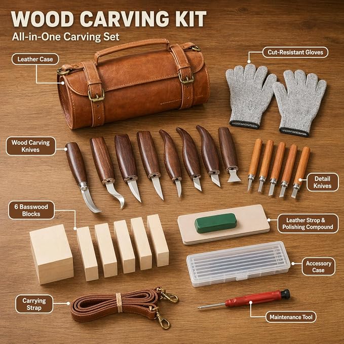 Deluxe Wood Carving Kit, High-Carbon Steel Knives, Safety Gloves, Woodworking - Image 2