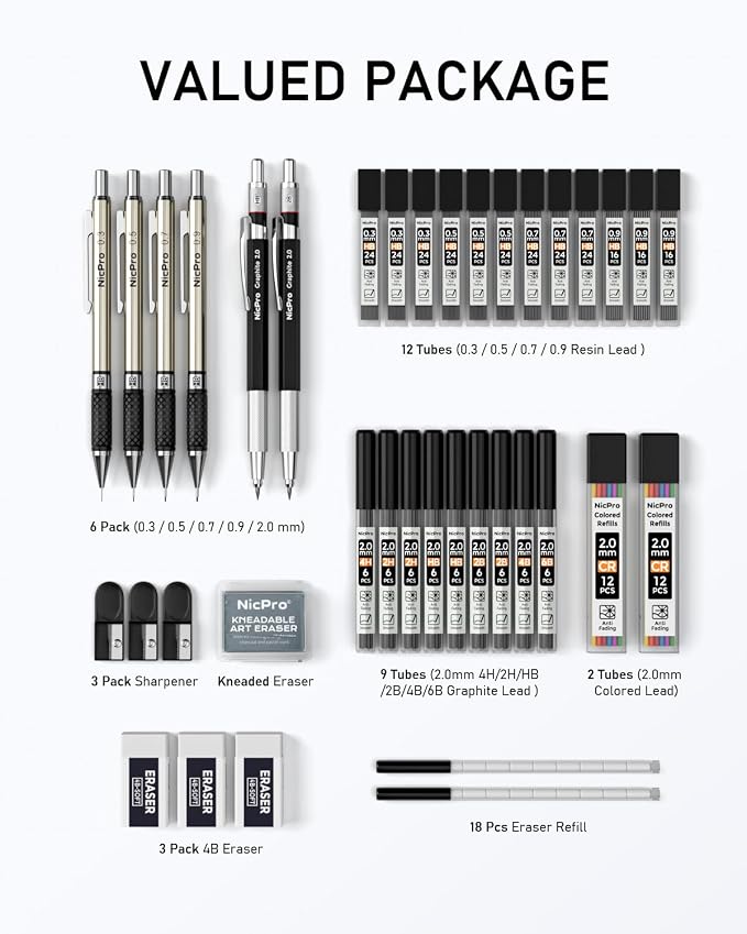 Nicpro 37PCS Art Mechanical Pencil Set, 0.5 mm, 0.7 mm, 0.9 mm & 2PCS 2mm Lead - Image 5