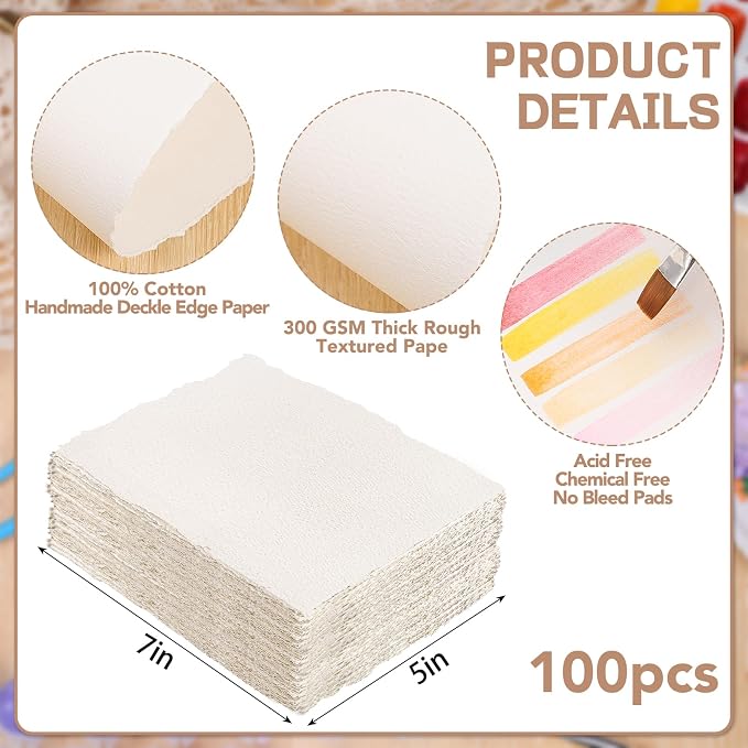 100 Sheets Watercolor Paper 5 x 7 in, 300 GSM Deckled Edge Handmade Paper | - Image 2