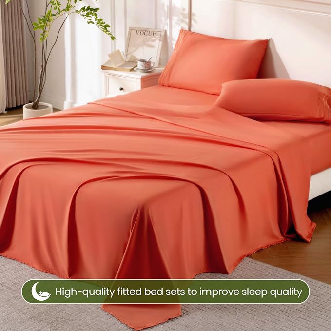ROSE&RISY Orange Red Full Sheet Set, 4 Pieces Soft Bedding Full Sheet Set - Image 5